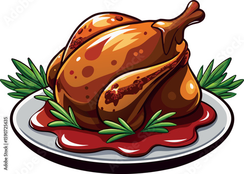 Delicious cartoon roasted chicken with rosemary on a plate with sauce