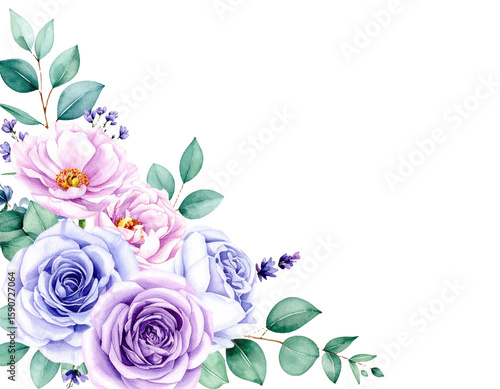 Fototapeta Naklejka Na Ścianę i Meble -  Floral corner border Violet lilac purple watercolor flowers Roses peonies eucalyp png