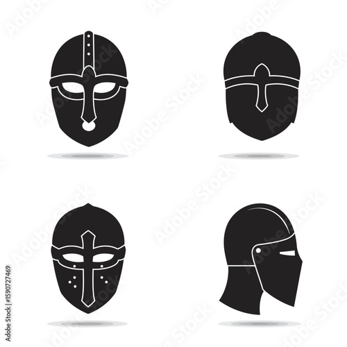 Four black silhouette illustrations of medieval helmets in various styles and perspectives, showcasing historical armor designs.