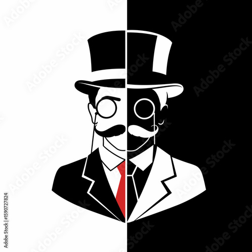A stylized illustration of a man with a top hat, monocle, and mustache, split between black and white halves.
