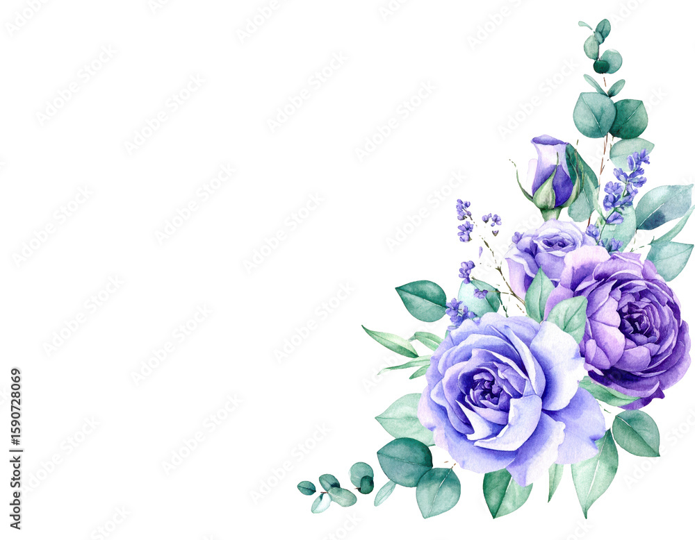 Fototapeta premium Floral corner border Violet lilac purple watercolor flowers Roses peonies eucalyp png