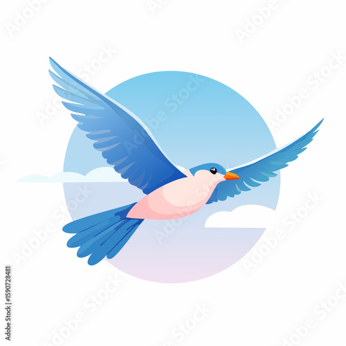 A stylized illustration of a blue bird soaring gracefully through the sky.