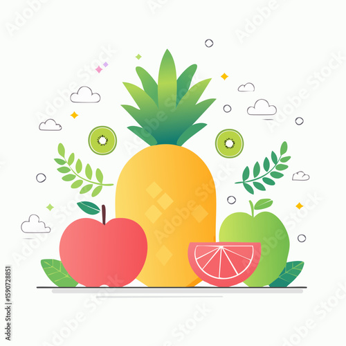 Vibrant illustration of tropical and temperate fruits, including a pineapple, apple, kiwi, and grapefruit, arranged artfully with leaves and decorative elements.