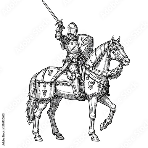 A knight in full armor, riding a horse, raises a sword in a triumphant gesture, holding a shield with a heraldic emblem.