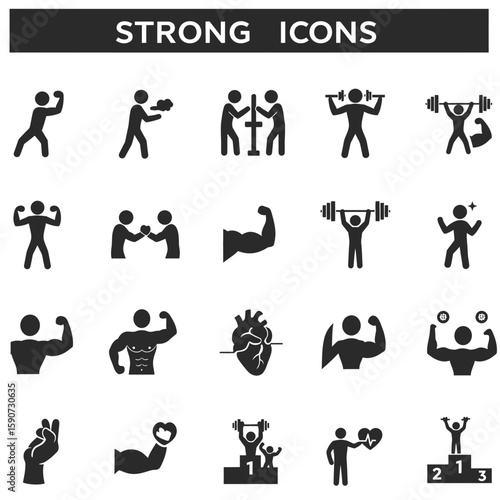 Collection of strong icons depicting various activities like weightlifting, arm wrestling, muscle flexing, and celebrating victory.