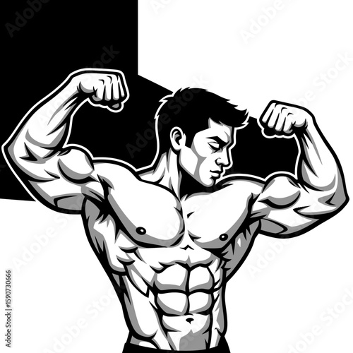 Muscular man flexing his biceps and chest, showcasing his physique in a black and white illustration.