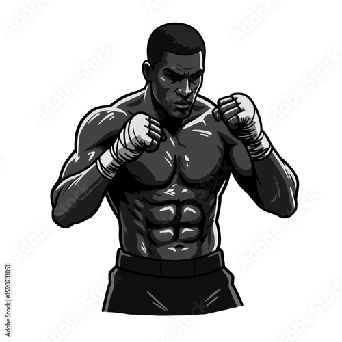 Illustration of a muscular, dark-skinned boxer in a fighting stance, wearing hand wraps and shorts, ready for combat.