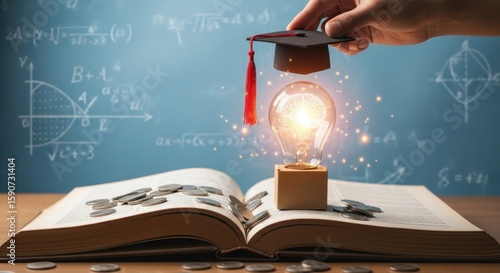 Education Investment Concept Graduation Cap Brain Lightbulb Open Book and Coins Symbolizing Knowledge and Financial Success