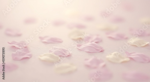 Soft pink and white rose petals scattered on a light pink surface
