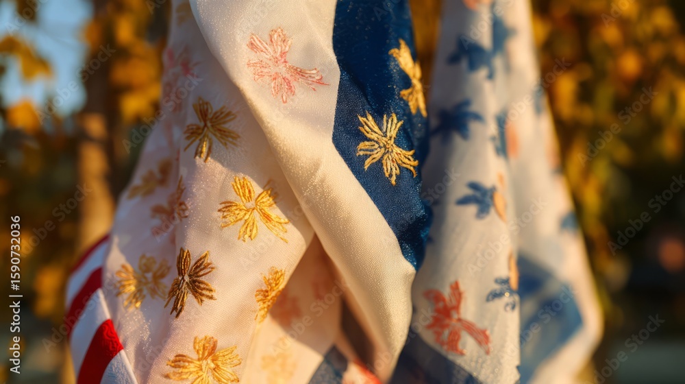 Naklejka premium Vibrant hanbok fabric with celestial embroidery against softly blurred autumn foliage.