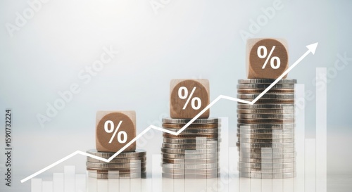 Rising Interest Rates Concept with Coins and Percentage Blocks Showing Increasing Growth Trend