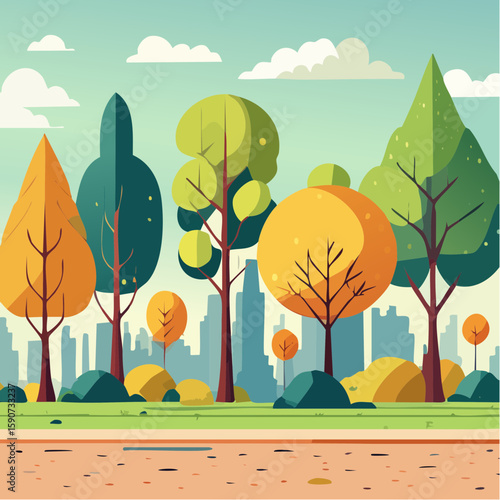 Colorful cartoon illustration of a park scene with trees and a city skyline.