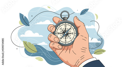 Vintage pocket watch held in hand against a stylized sky and leafy background representing time and travel