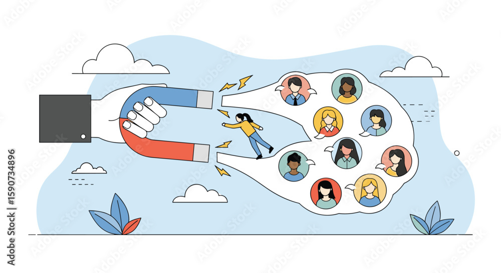 Obraz premium Attracting and engaging a diverse group of people using a giant magnet to illustrate customer acquisition strategies and business growth
