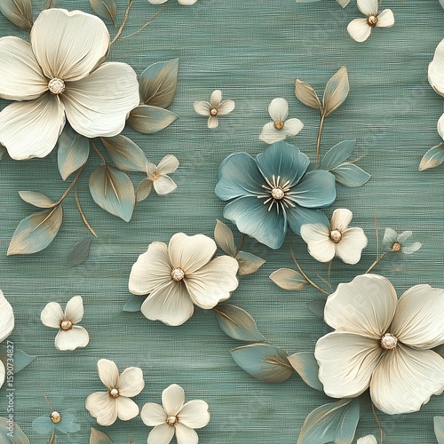 Seamless floral pattern featuring three-dimensional white and teal flowers with metallic centers and delicate green leaves, arranged on a textured teal background. Elegant and realistic design.