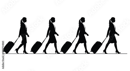 Businesswomen travelers with wheeled luggage walking in unison on a white background showcasing professional journeys and travel efficiency