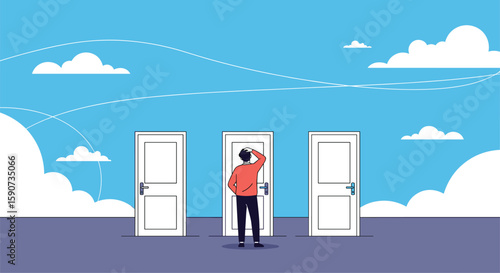 Person standing in front of three open doors pondering which path to choose for future possibilities and opportunities ahead