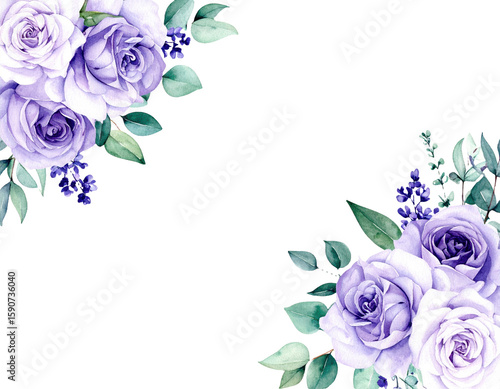 Fototapeta Naklejka Na Ścianę i Meble -  Floral corner border Violet lilac purple watercolor flowers Roses peonies eucalyp png