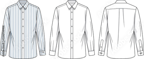 Button-down men’s shirt fashion sketch, front, side, back views, cad drawing flat vector illustration, garment template, clothing design layout