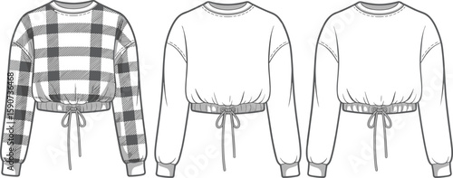 Cropped sweatshirt collection, fashion hoodie design, cad drawing flat vector illustration, garment template, round neckline, drawstring waist, apparel sketch