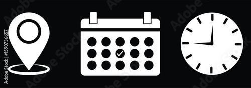 Address time date icons set. Information for invitation event, with analog wall clock, calendar binder and location pin, symbol of date time place or address. eps 10
