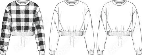 Cropped sweatshirt trio, fashion design collection, cad drawing flat vector illustration, garment sketch, drawstring waist, round neckline, clothing template