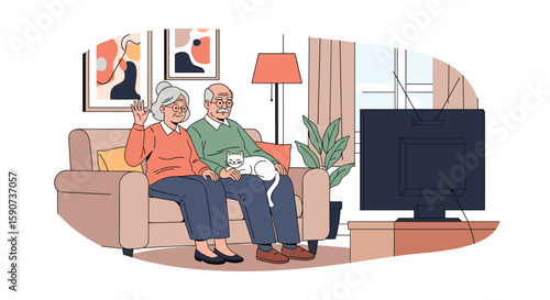 Elderly couple enjoying television together while relaxing at home with their cat