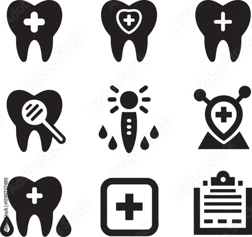 Dental icons set: Tooth, people, and heart symbols for web and medical design