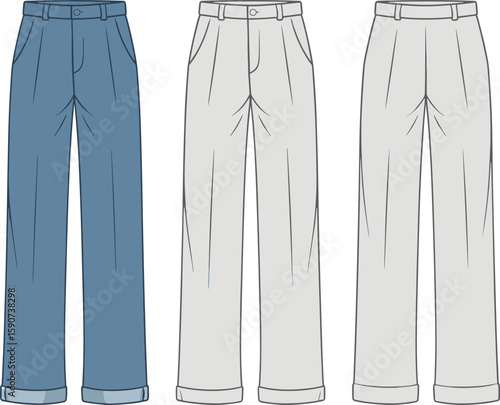 Men’s tailored trousers collection, pleated pants fashion sketch, cad drawing flat vector illustration, garment template, cuffed hem, apparel design