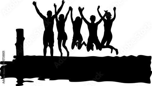Silhouette of five people jumping off a dock with their arms raised in the air on a white background