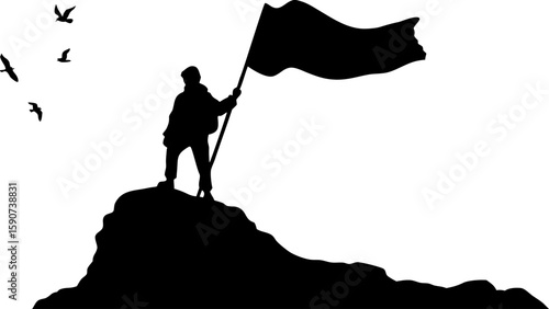 Silhouette of a person holding a flag on a mountain peak with birds flying in the white background sky
