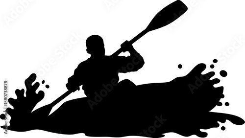 Silhouette of a kayaker paddling through water with a raised paddle and splashing waves around the kayak