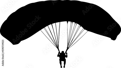 Silhouette of a person parachuting with a large parachute and many strings attached to the parachute