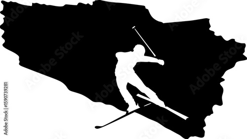 Silhouette of a skier in action against a black landmass background with ski poles visible and skis