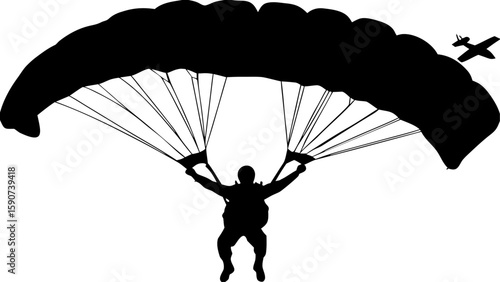 Silhouette of a parachutist under a parachute with an airplane flying in the background in black and white