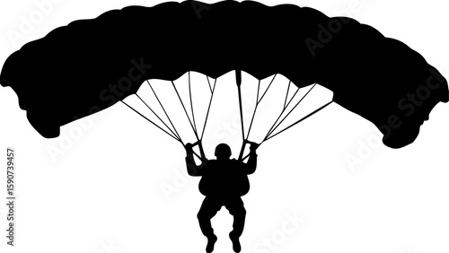 Silhouette of a skydiver with a parachute descending from the sky in a black and white illustration