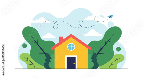 A charming yellow house nestled among lush green trees under a blue sky with fluffy clouds and flying birds