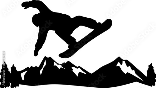 Silhouette of snowboarder mid air performing trick over mountain range with trees on either side of the peaks