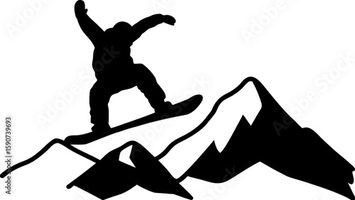 Silhouette of a snowboarder performing a trick over mountain peaks against a white background in winter time