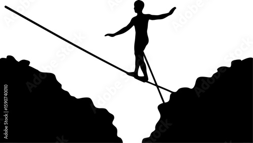 Silhouette of a person balancing on a tightrope between two cliffs with arms outstretched for balance