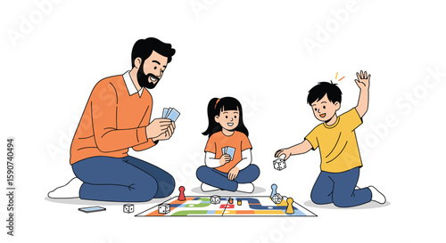 Father and two children enjoying a board game together on the floor
