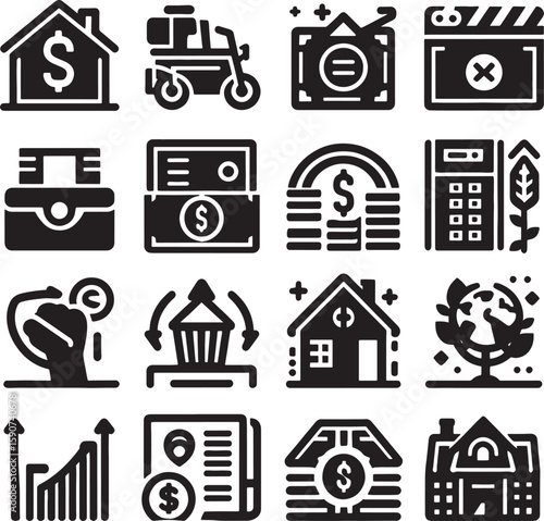 Real estate icon set vector illustration: a complete collection of black web symbols for home, finance, and business