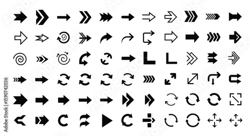 A diverse collection of arrow icons representing directional navigation and circular movements