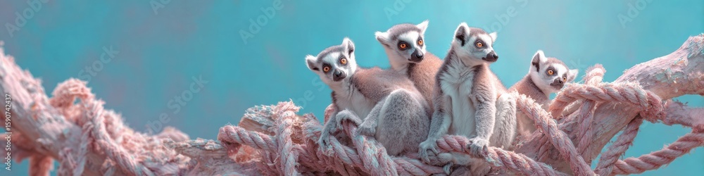 Obraz premium Premium Ring-Tailed Lemurs Group on Branch for National Zookeeper Week with Earth Day and Spring Campaigns, Modern Lifestyle Marketing Content