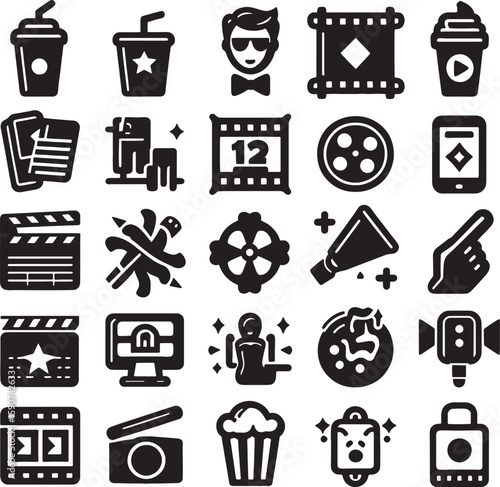 Movie, cinema, and film icons set: vector illustrations for web, media, and business design, featuring symbols like video, phone, mail, and car for diverse communication services