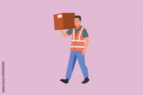 Male warehouse packing worker carrying cardboard box on shoulder, wearing reflective safety vest, concept of logistics, labor, delivery staff, and industrial work, flat vector illustration