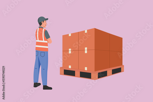 Warehouse worker checking stacked boxes on pallet, male packing staff wearing safety vest inspecting cardboard packages of logistics and inventory management, flat vector illustration