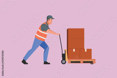 Warehouse worker pushing a hand pallet truck loaded with cardboard boxes, logistics staff wearing safety vest and cap handling cargo for shipment or storage, flat vector illustration