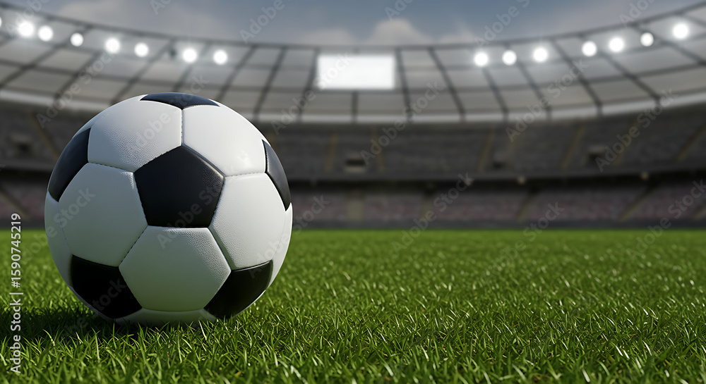 Fototapeta premium Bola de futebol em campo de grama com estádio ao fundo