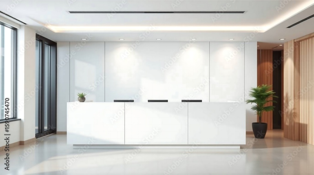 Obraz premium Bright reception area showcases a minimalist white desk, complemented by interior plants and sleek lighting, evoking a modern and inviting hospitality setting.